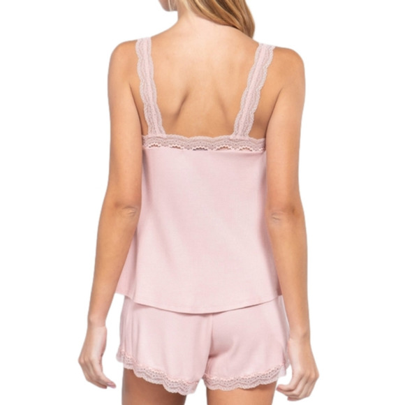 Lace Trim Thermal Flare Top & Shorts Pink Pajama Set Size Small - Picture 3 of 5